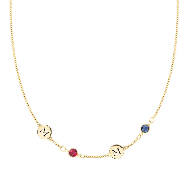 Personalized Classic 2 Letter & 2 Birthstone Necklace in 14k Gold (Single Spacing) sold by Haverhill