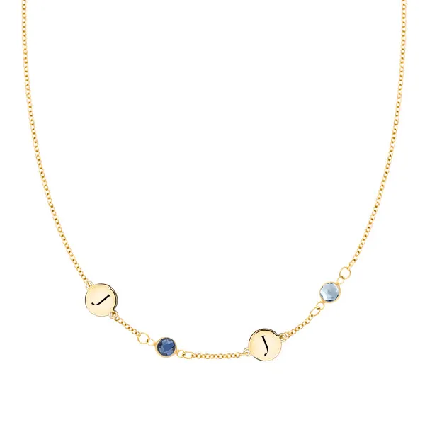 Personalized Classic 2 Letter & 2 Birthstone Necklace in 14k Gold (Single Spacing) sold by Haverhill