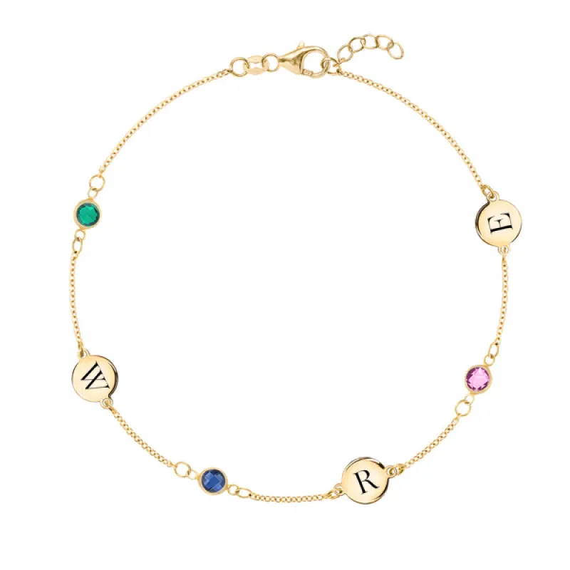 Personalized Classic 3 Letter & 3 Birthstone Bracelet in 14k Gold sold by Haverhill