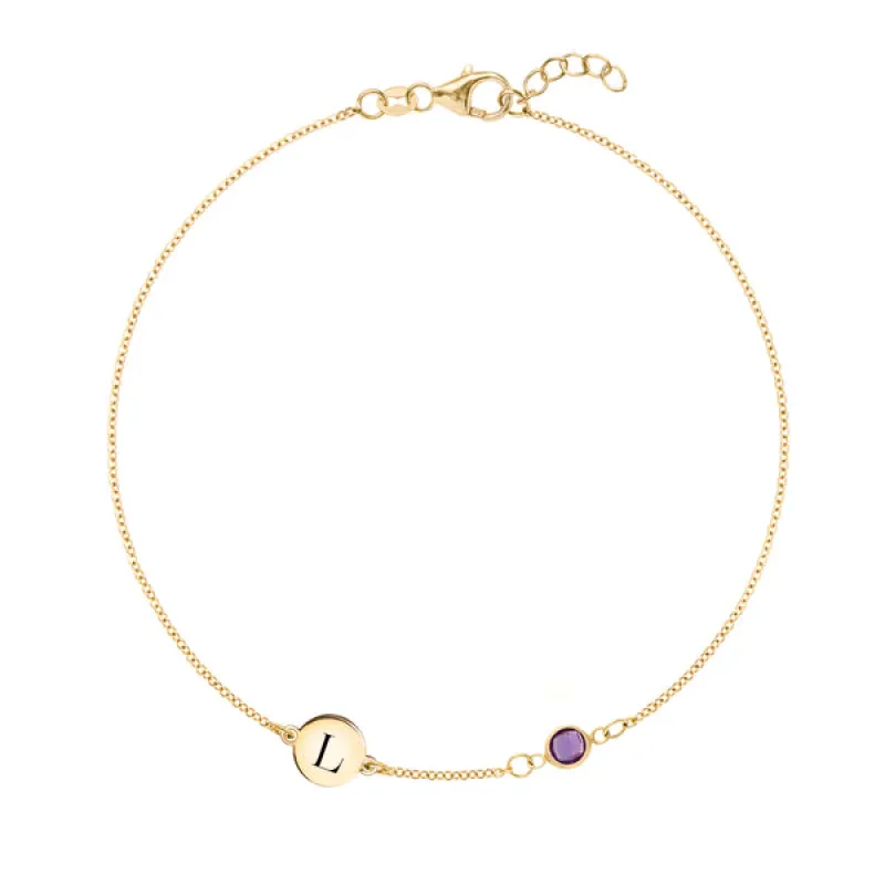 Personalized Classic 1 Letter & 1 Amethyst Bracelet in 14k Gold (February) sold by Haverhill