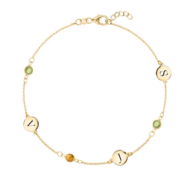 Personalized Classic 3 Letter & 3 Birthstone Bracelet in 14k Gold sold by Haverhill