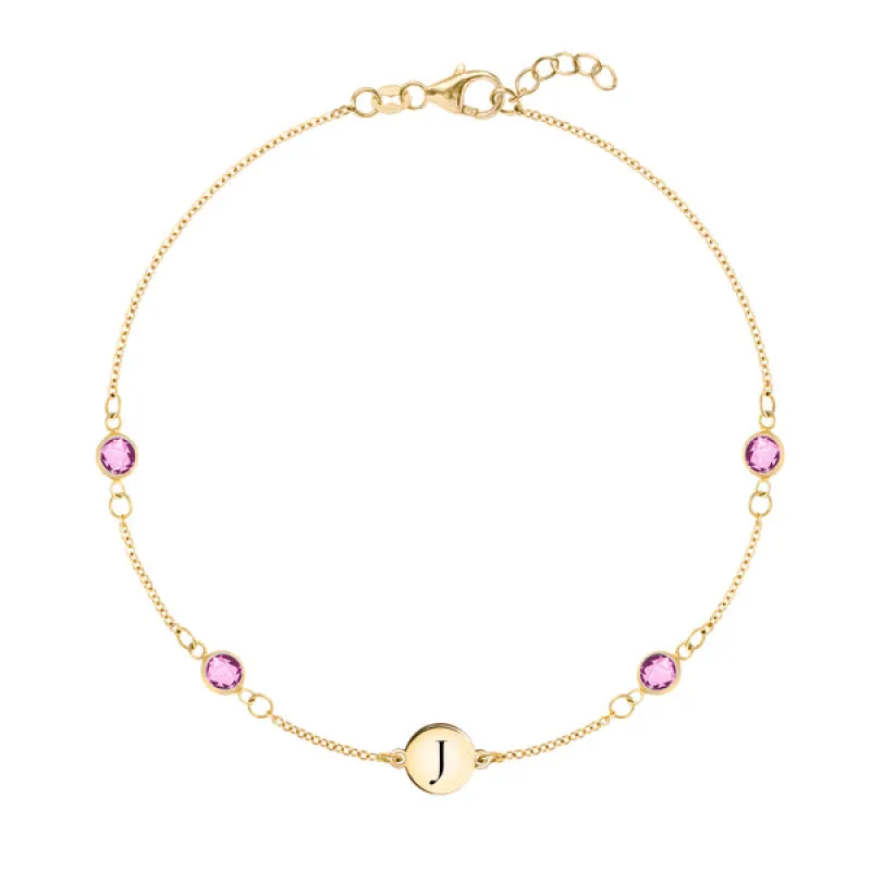 Personalized Classic 1 Letter & 4 Pink Sapphire Bracelet in 14k Gold (October) sold by Haverhill