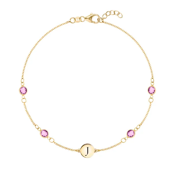 Personalized Classic 1 Letter & 4 Pink Sapphire Bracelet in 14k Gold (October) sold by Haverhill