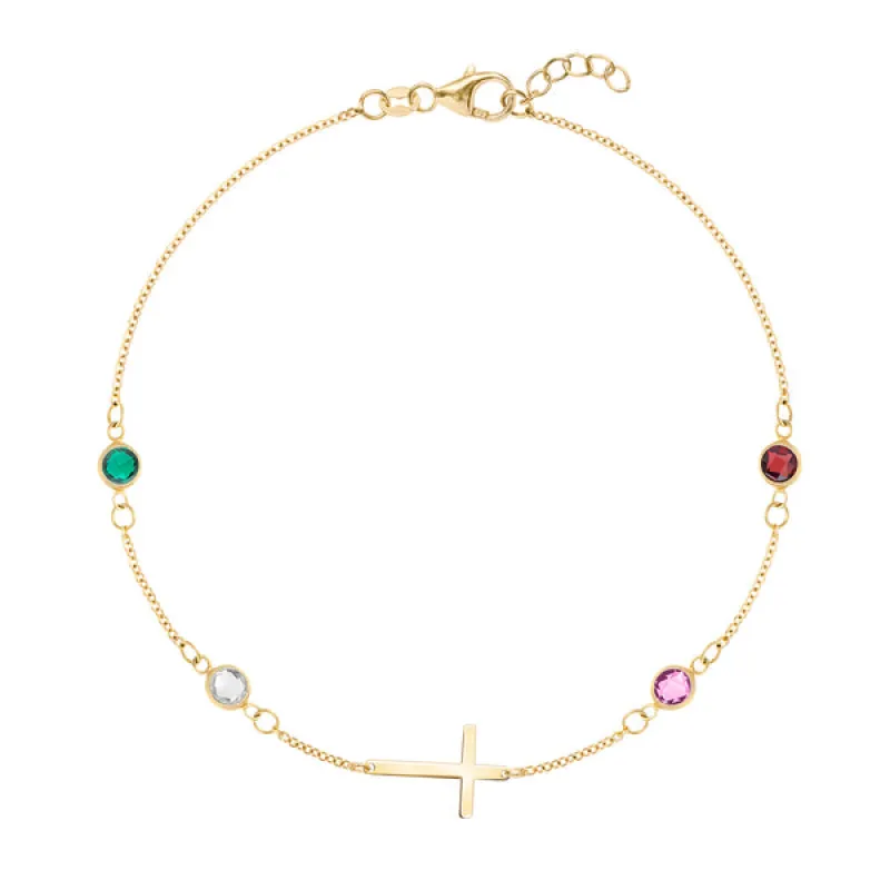 Personalized Classic Cross & 4 Birthstone Bracelet in 14k Gold sold by Haverhill