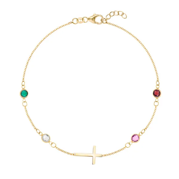 Personalized Classic Cross & 4 Birthstone Bracelet in 14k Gold sold by Haverhill