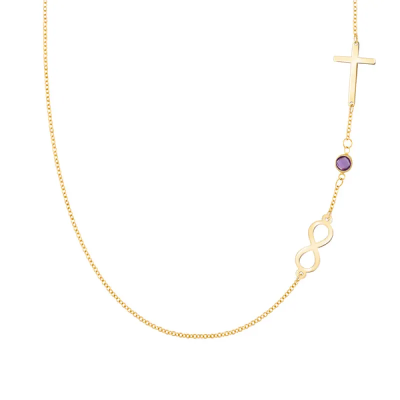 Personalized Classic Infinity & Cross with 1 Birthstone Necklace in 14k Gold sold by Haverhill