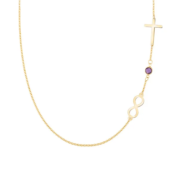 Personalized Classic Infinity & Cross with 1 Birthstone Necklace in 14k Gold sold by Haverhill