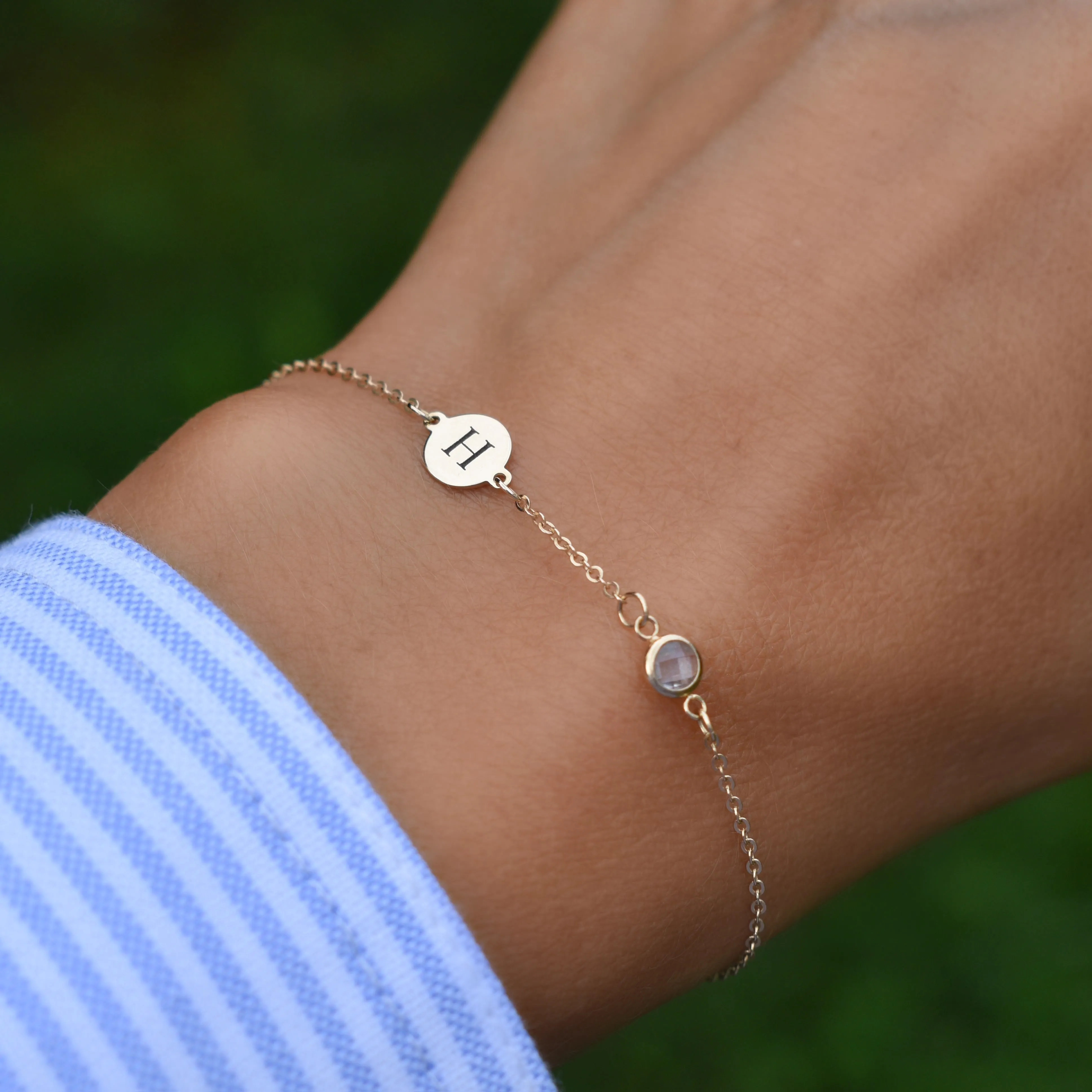 Personalized Classic 1 Letter & 1 Aquamarine Bracelet in 14k Gold (March) sold by Haverhill product image thumbnail 3