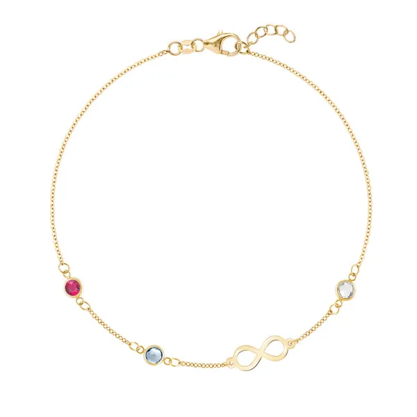 Personalized Classic Infinity & 3 Birthstone Bracelet in 14k Gold sold by Haverhill