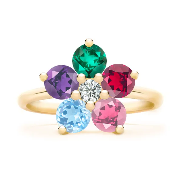 Personalized Greenwich Flower Birthstone & Diamond Ring in 14k Gold sold by Haverhill