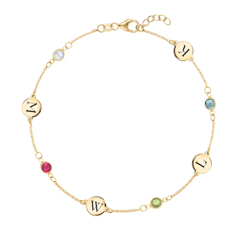 Personalized Classic 4 Letter & 4 Birthstone Bracelet in 14k Gold sold by Haverhill
