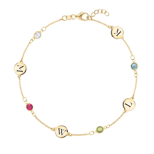 Personalized Classic 4 Letter & 4 Birthstone Bracelet in 14k Gold sold by Haverhill