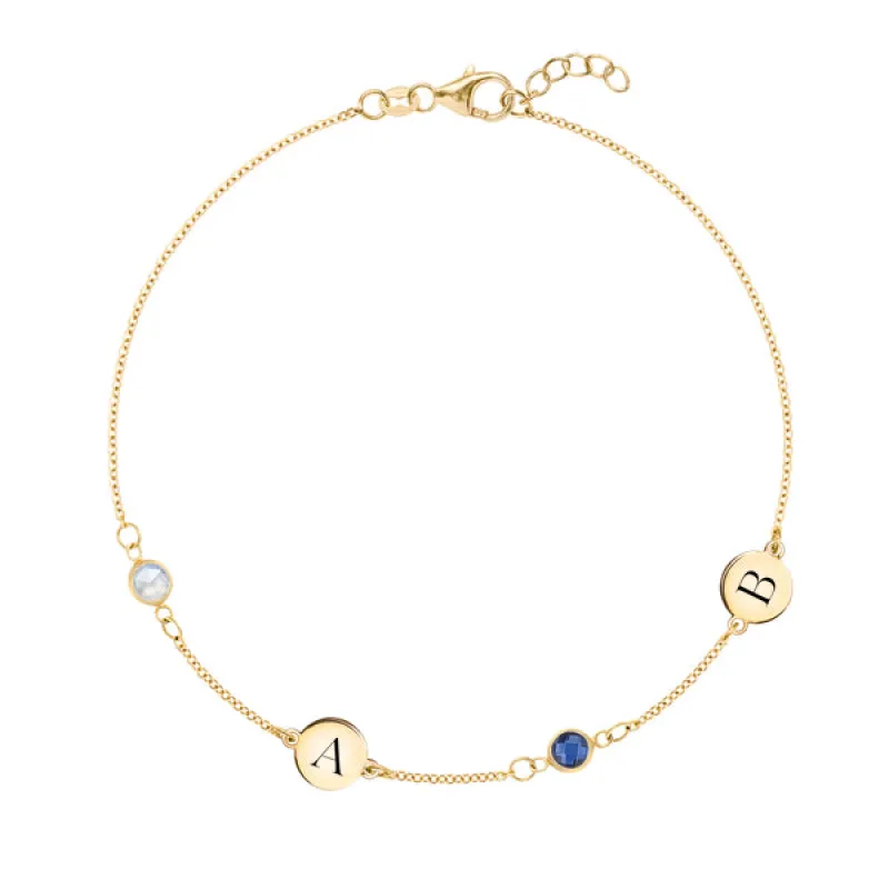 Personalized Classic 2 Letter & 2 Birthstone Bracelet in 14k Gold sold by Haverhill