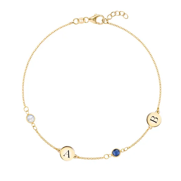 Personalized Classic 2 Letter & 2 Birthstone Bracelet in 14k Gold sold by Haverhill