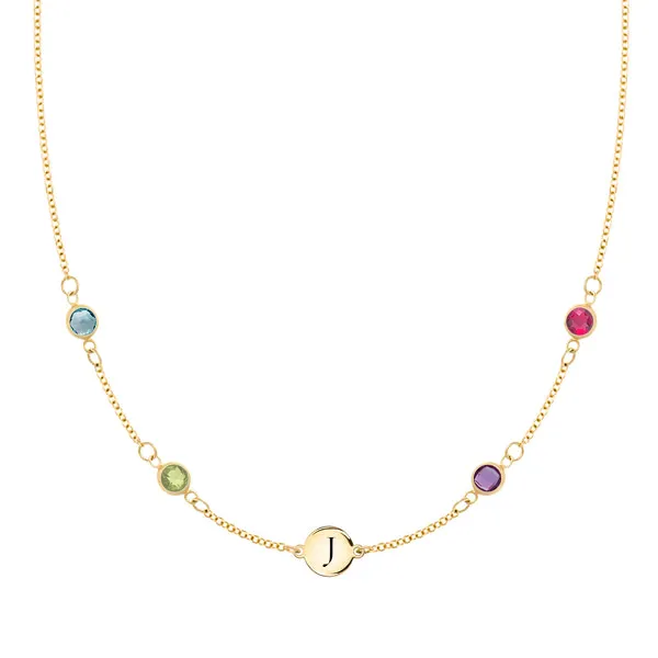 Personalized Classic 1 Letter & 4 Birthstone Necklace in 14k Gold (Double Spacing) sold by Haverhill