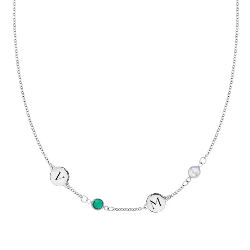 Personalized Classic 2 Letter & 2 Birthstone Necklace in 14k Gold (Single Spacing) sold by Haverhill