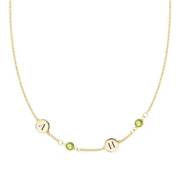 Personalized Classic 2 Letter & 2 Birthstone Necklace in 14k Gold (Single Spacing) sold by Haverhill