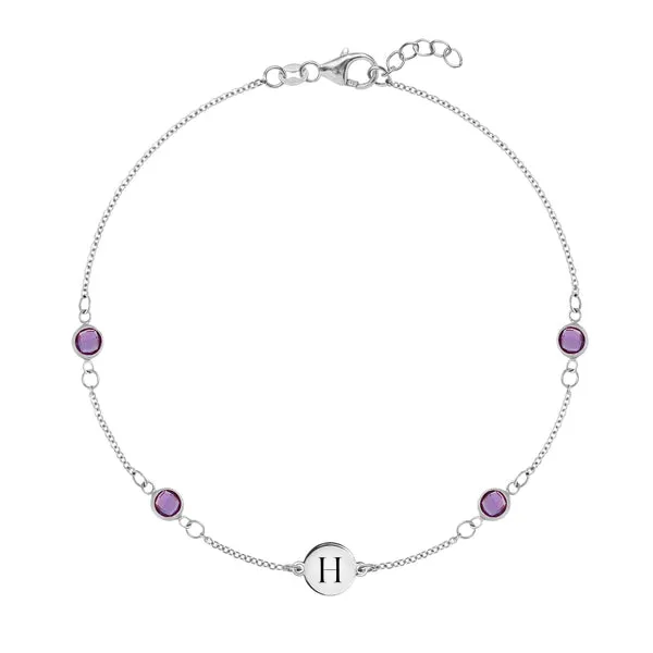 Personalized Classic 1 Letter & 4 Amethyst Bracelet in 14k Gold (February) sold by Haverhill