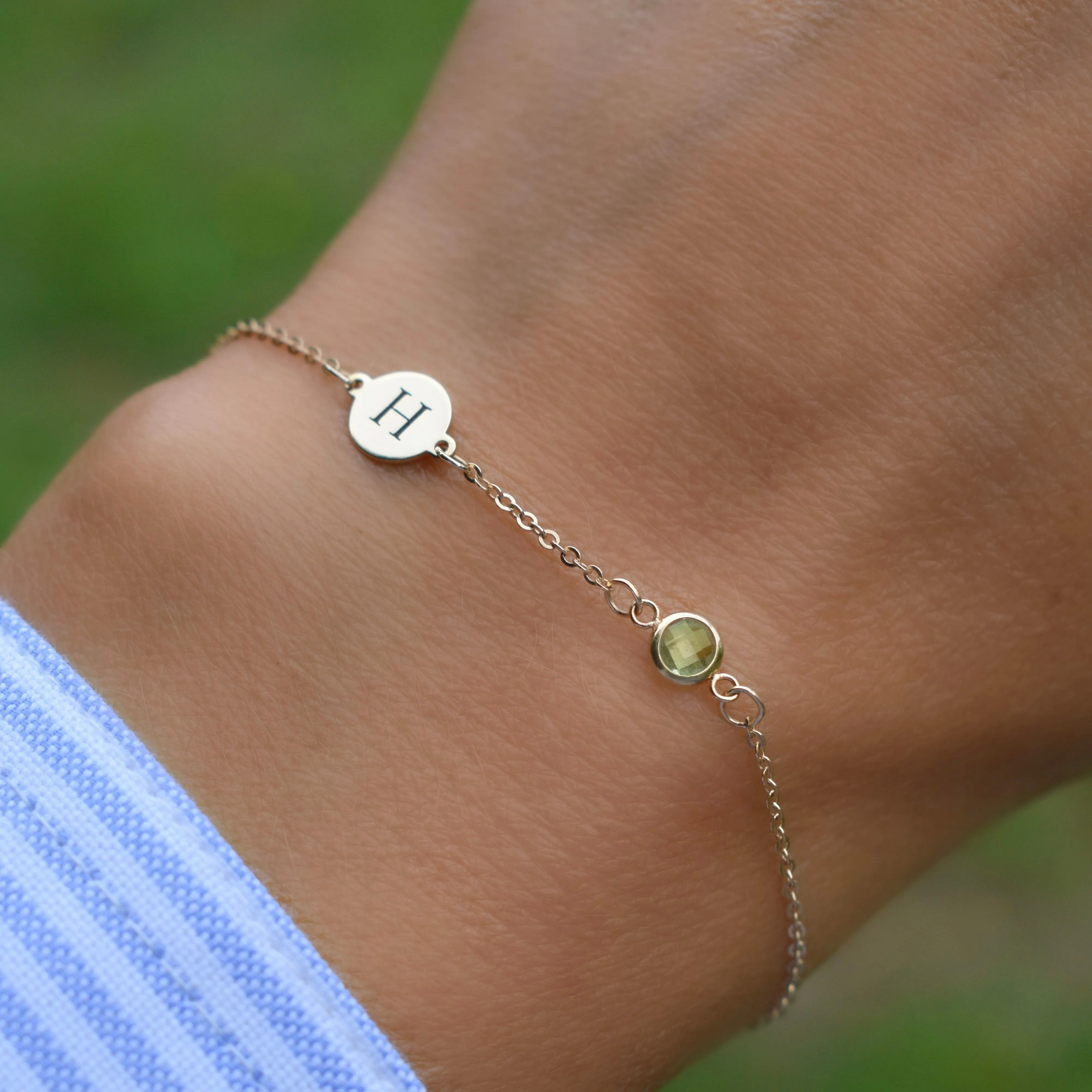 Personalized Classic 1 Letter & 1 Peridot Bracelet in 14k Gold (August) sold by Haverhill product image thumbnail 3