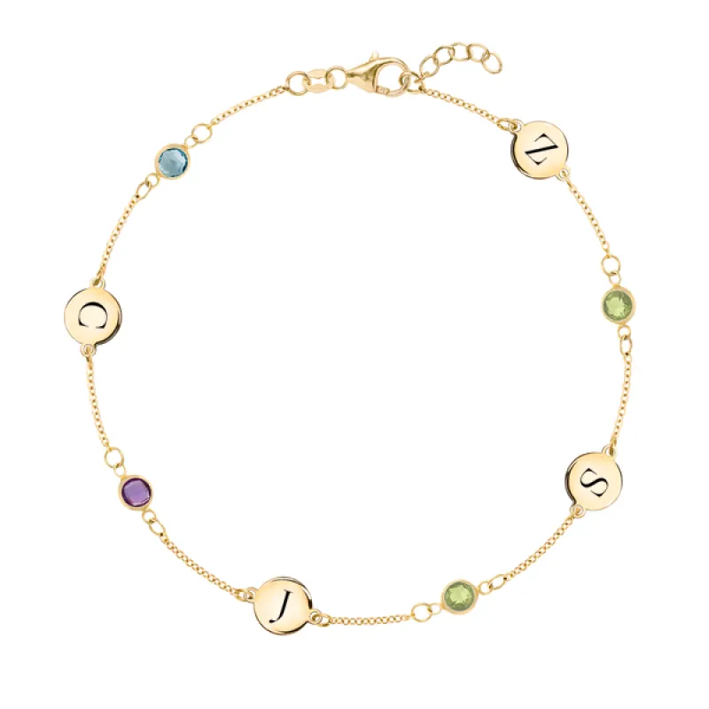 Personalized Classic 4 Letter & 4 Birthstone Bracelet in 14k Gold sold by Haverhill