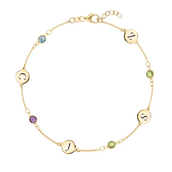 Personalized Classic 4 Letter & 4 Birthstone Bracelet in 14k Gold sold by Haverhill