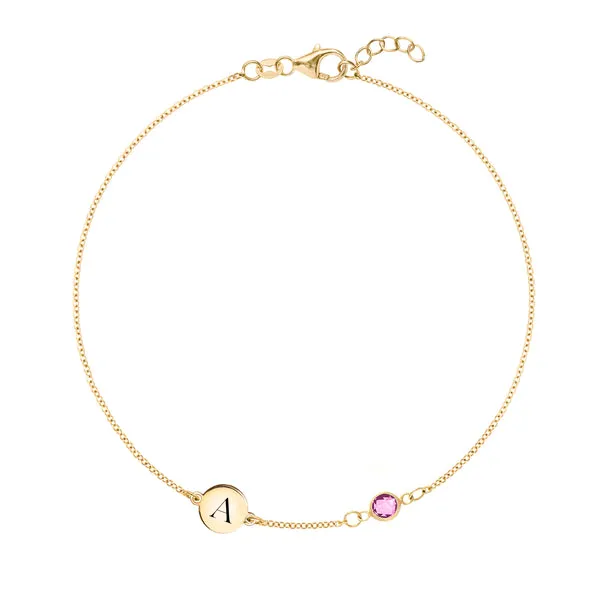 Personalized Classic 1 Letter & 1 Pink Sapphire Bracelet in 14k Gold (October) sold by Haverhill