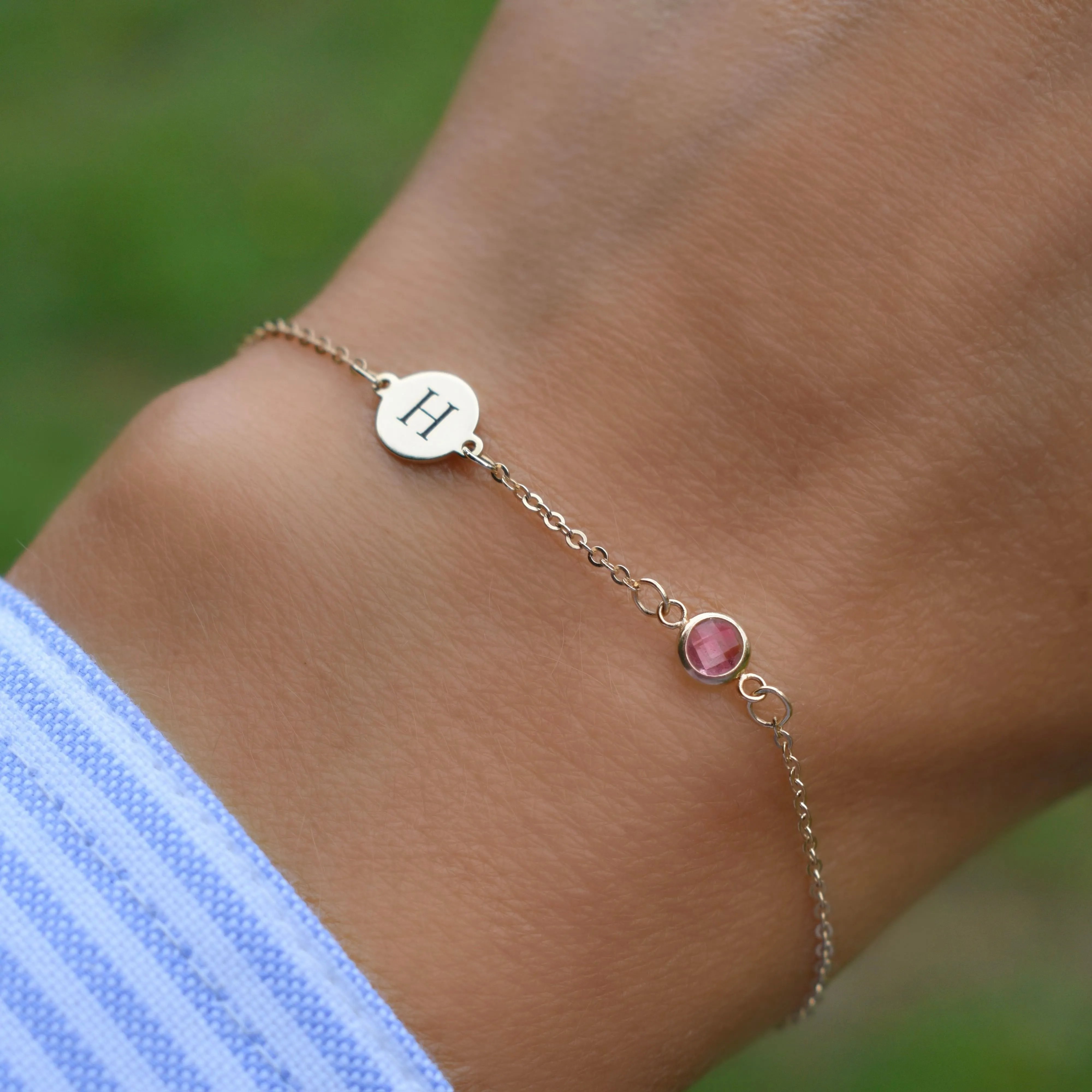 Personalized Classic 1 Letter & 1 Pink Sapphire Bracelet in 14k Gold (October) sold by Haverhill product image thumbnail 3