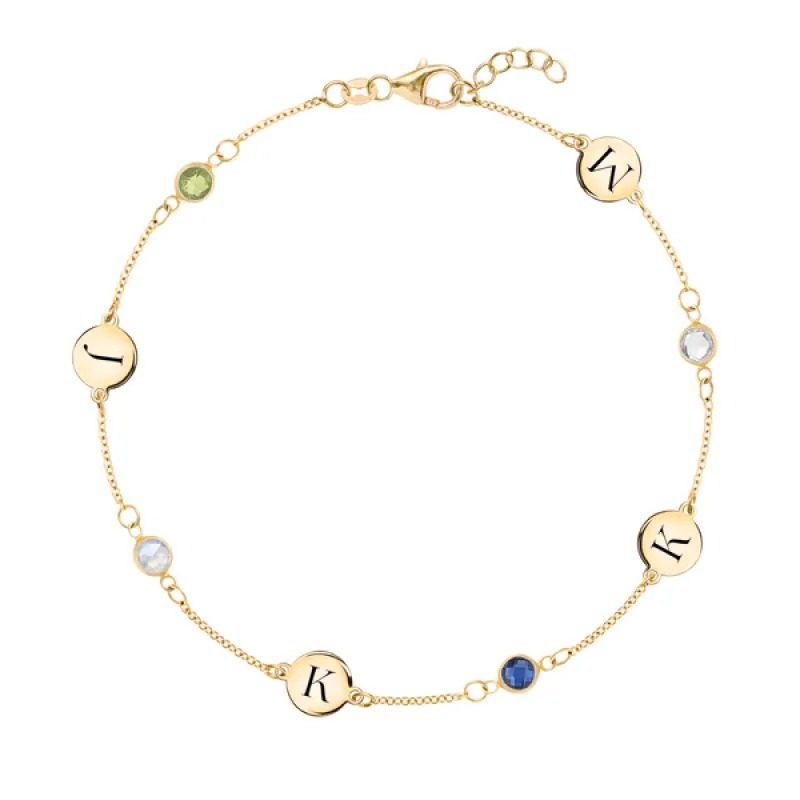 Personalized Classic 4 Letter & 4 Birthstone Bracelet in 14k Gold sold by Haverhill