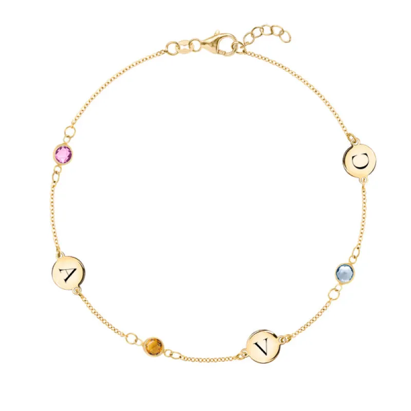 Personalized Classic 3 Letter & 3 Birthstone Bracelet in 14k Gold sold by Haverhill