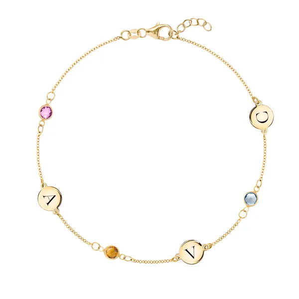 Personalized Classic 3 Letter & 3 Birthstone Bracelet in 14k Gold sold by Haverhill