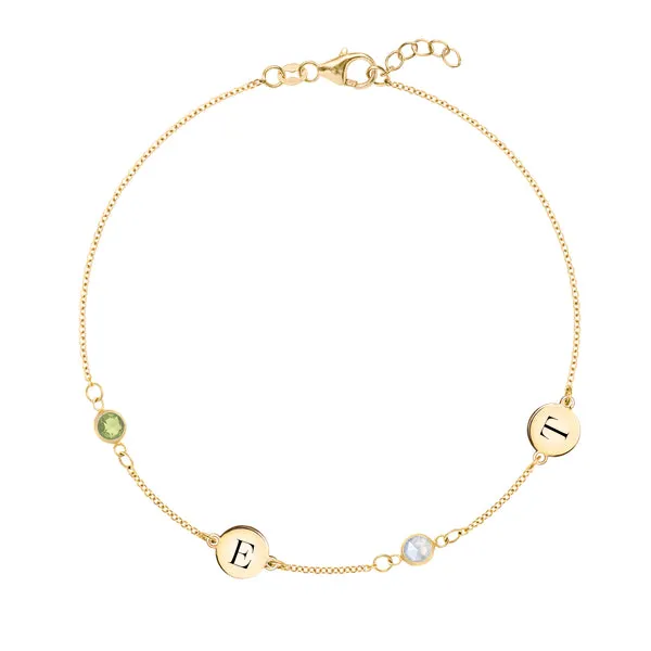 Personalized Classic 2 Letter & 2 Birthstone Bracelet in 14k Gold sold by Haverhill