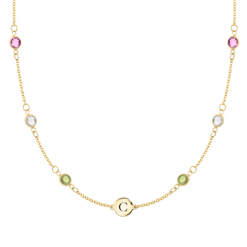 Personalized Classic 1 Letter & 6 Birthstone Necklace in 14k Gold (Double Spacing) sold by Haverhill