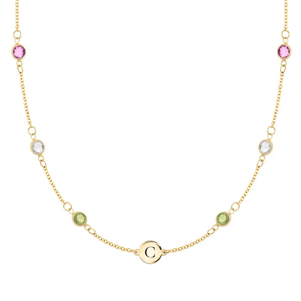 Personalized Classic 1 Letter & 6 Birthstone Necklace in 14k Gold (Double Spacing) sold by Haverhill