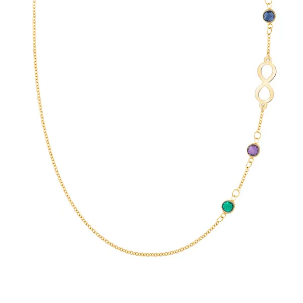 Personalized Classic Infinity & 3 Birthstone Necklace in 14k Gold sold by Haverhill