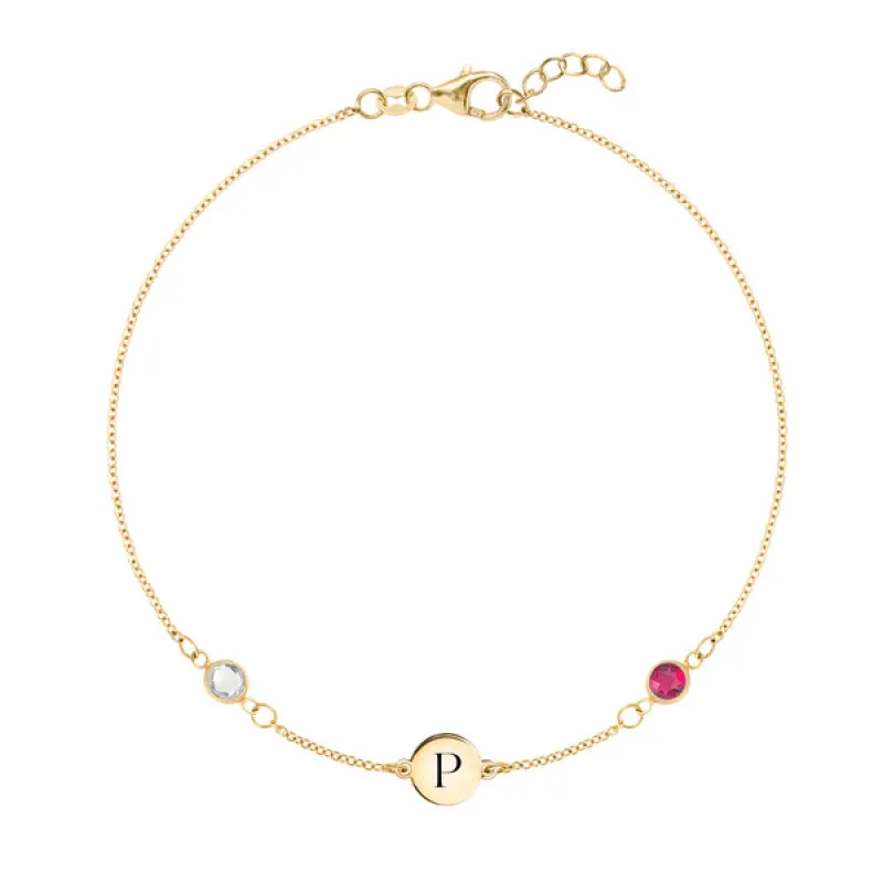 Personalized Classic 1 Letter & 2 Birthstone Bracelet in 14k Gold sold by Haverhill