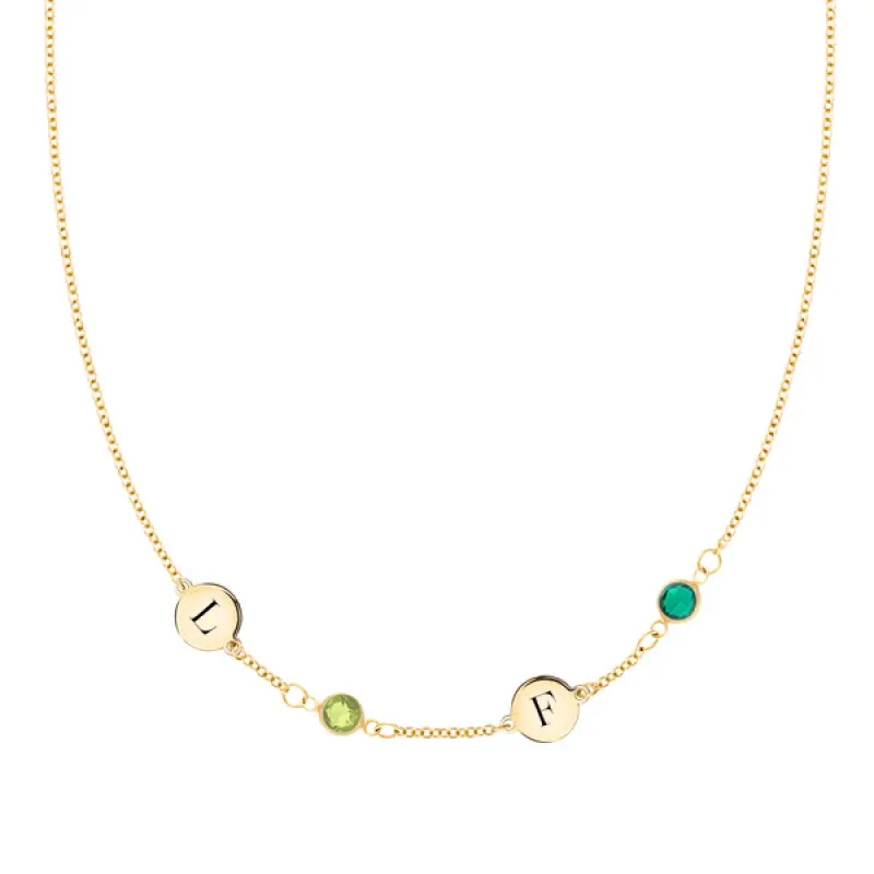 Personalized Classic 2 Letter & 2 Birthstone Necklace in 14k Gold (Single Spacing) sold by Haverhill