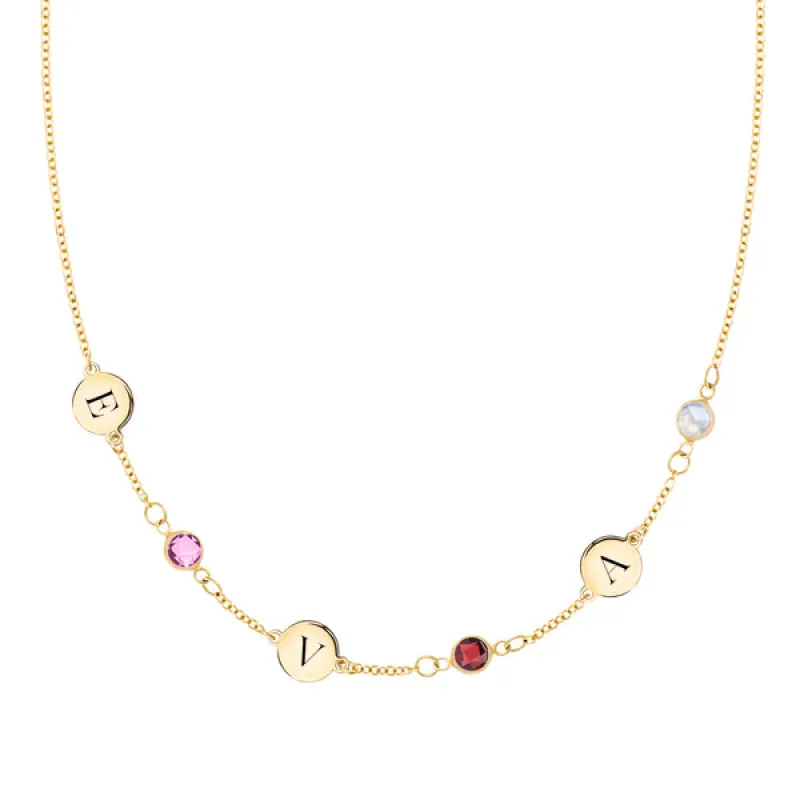Personalized Classic 3 Letter & 3 Birthstone Necklace in 14k Gold (Single Spacing) sold by Haverhill