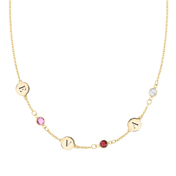 Personalized Classic 3 Letter & 3 Birthstone Necklace in 14k Gold (Single Spacing) sold by Haverhill