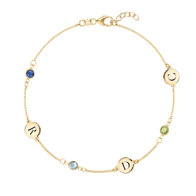 Personalized Classic 3 Letter & 3 Birthstone Bracelet in 14k Gold sold by Haverhill