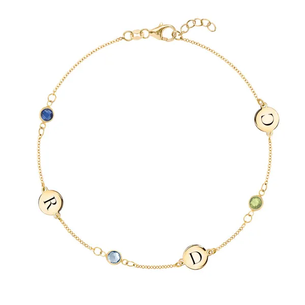 Personalized Classic 3 Letter & 3 Birthstone Bracelet in 14k Gold sold by Haverhill