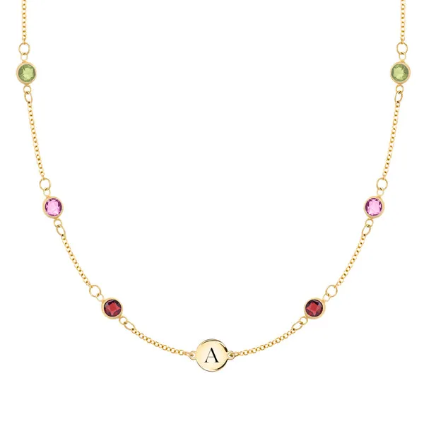 Personalized Classic 1 Letter & 6 Birthstone Necklace in 14k Gold (Double Spacing) sold by Haverhill