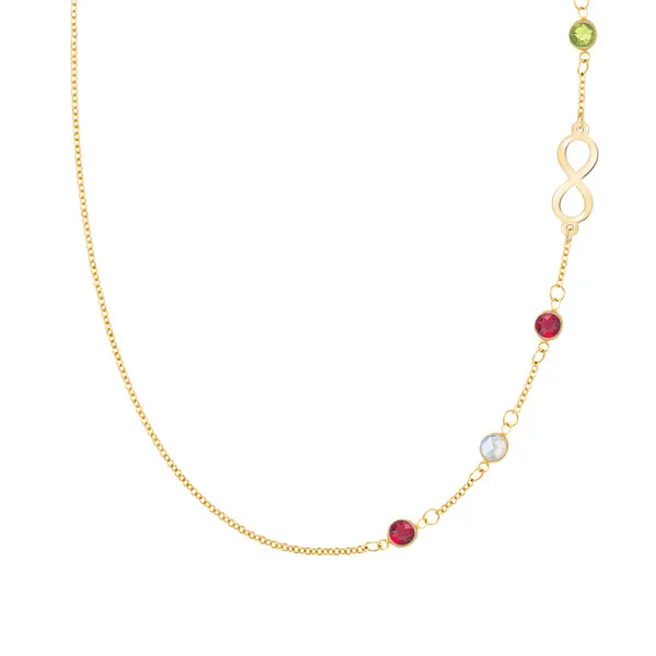 Personalized Classic Infinity & 4 Birthstone Necklace in 14k Gold sold by Haverhill