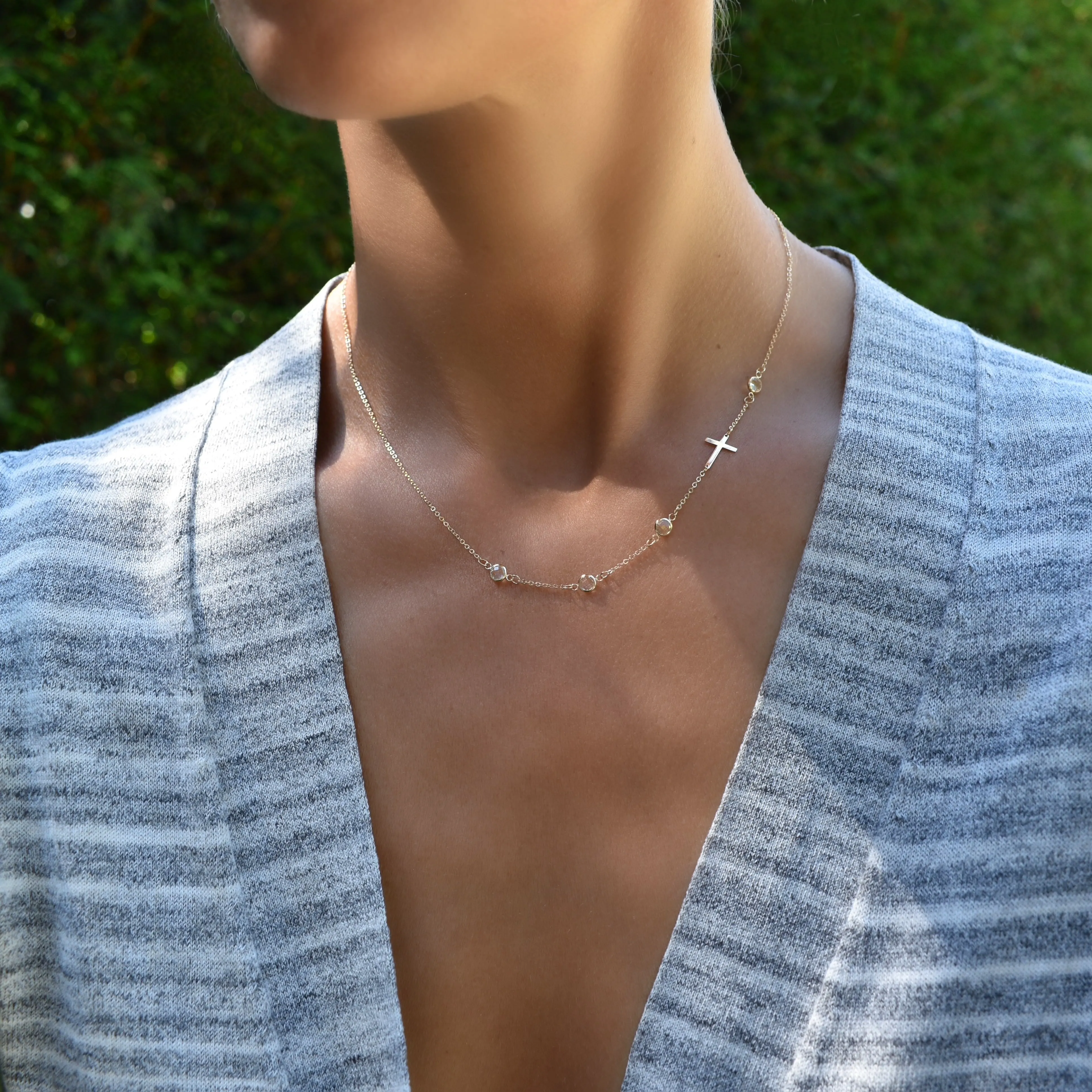 Personalized Classic Cross & 4 Birthstone Necklace in 14k Gold sold by Haverhill product image thumbnail 2