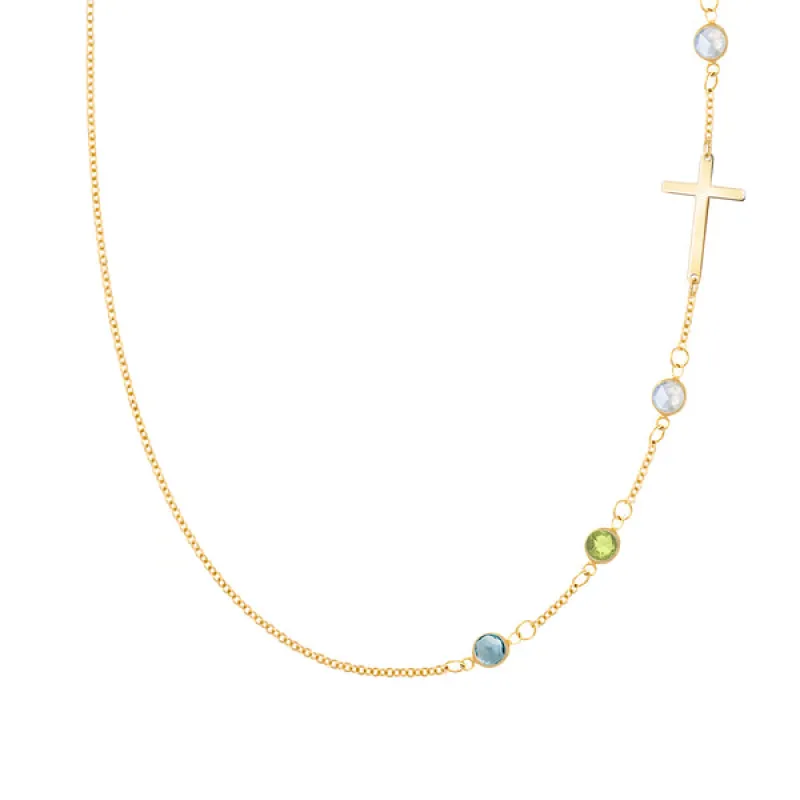 Personalized Classic Cross & 4 Birthstone Necklace in 14k Gold sold by Haverhill