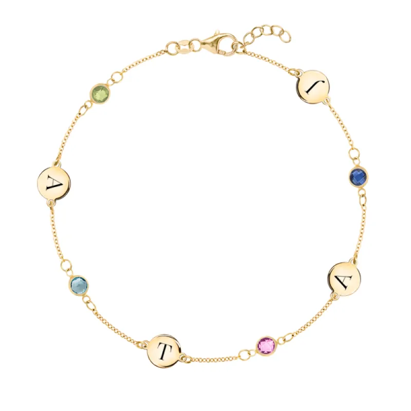 Personalized Classic 4 Letter & 4 Birthstone Bracelet in 14k Gold sold by Haverhill