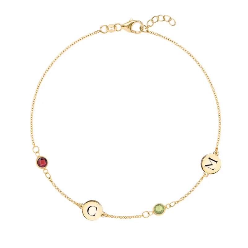Personalized Classic 2 Letter & 2 Birthstone Bracelet in 14k Gold sold by Haverhill