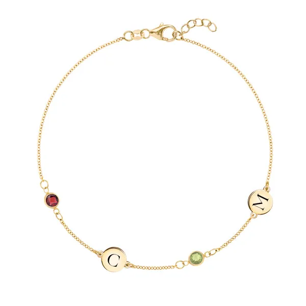 Personalized Classic 2 Letter & 2 Birthstone Bracelet in 14k Gold sold by Haverhill