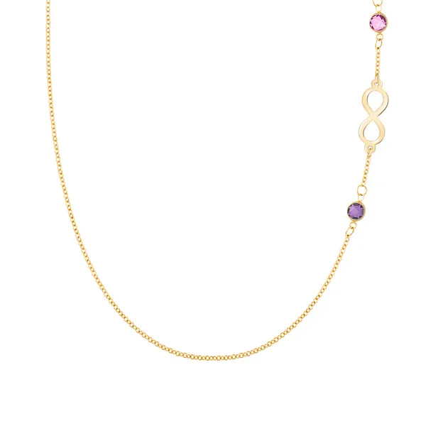 Personalized Classic Infinity & 2 Birthstone Necklace in 14k Gold sold by Haverhill