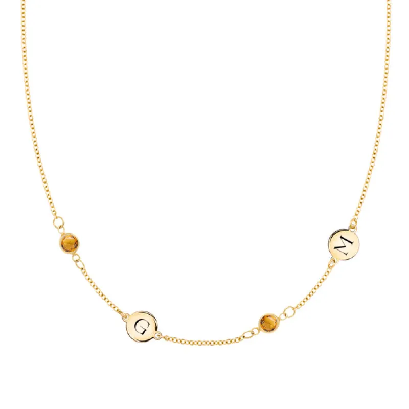 Personalized Classic 2 Letter & 2 Birthstone Necklace in 14k Gold (Double Spacing) sold by Haverhill