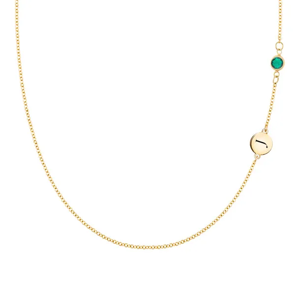 Personalized Classic 1 Letter & 1 Emerald Necklace in 14k Gold (May) sold by Haverhill